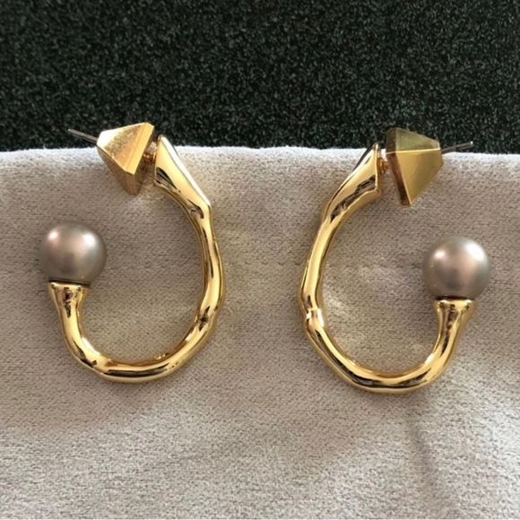 ALEXIS BITTAR Pearl Capped Twisted Gold Open Hoop Post Earrings - MSRP $195 - Picture 5 of 14